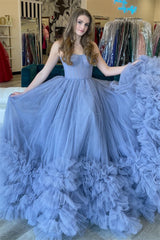 Modern Dusty Blue Strapless Ball Gown Prom Dress With Tulle Ruffles