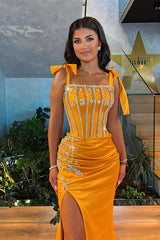 Gorgeous Straps Beadings Slit Mermaid Evening Dress with Rhinestone