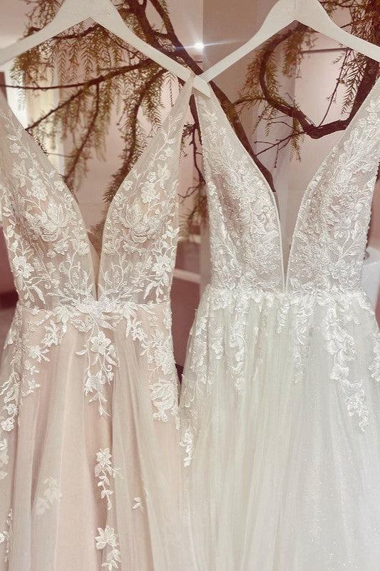 Elegant A-line V-neck Backless Lace Bridal Gown Featuring Tulle