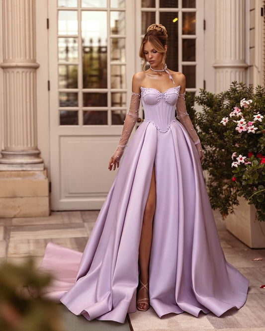 Lilac Off-the-shoulder A-Line Sweetheart Prom Dress with Long Slit and beaded
