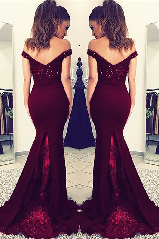 Stunning Off-the-Shoulder Burgundy Mermaid Prom Dress With Lace Appliques
