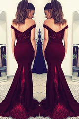 Stunning Off-the-Shoulder Burgundy Mermaid Prom Dress With Lace Appliques