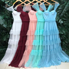 Gorgeous Cap Sleeves Sweetheart Long Prom Dresses Layered Tulle Party Gowns
