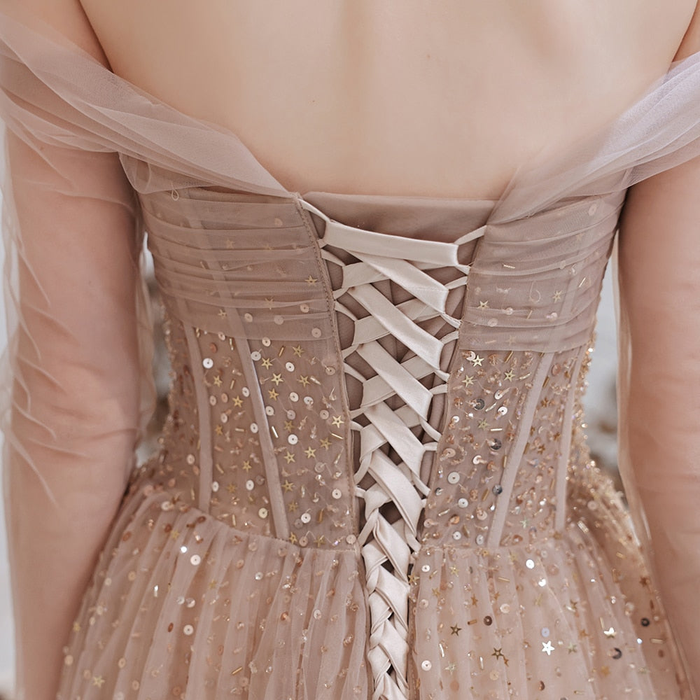 Gorgeous Off-the-Shoulder Tulle Sheer Long Sleeves Prom Dress With Sequins