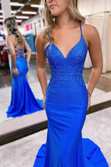 Charming Royal Blue Spaghetti-Straps Prom Dress Mermaid Sleeveless With Beads
