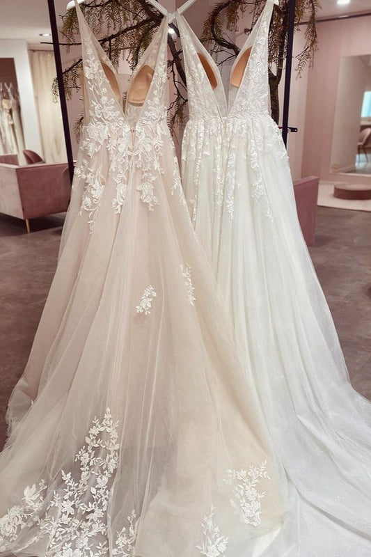 Elegant A-line V-neck Backless Lace Bridal Gown Featuring Tulle