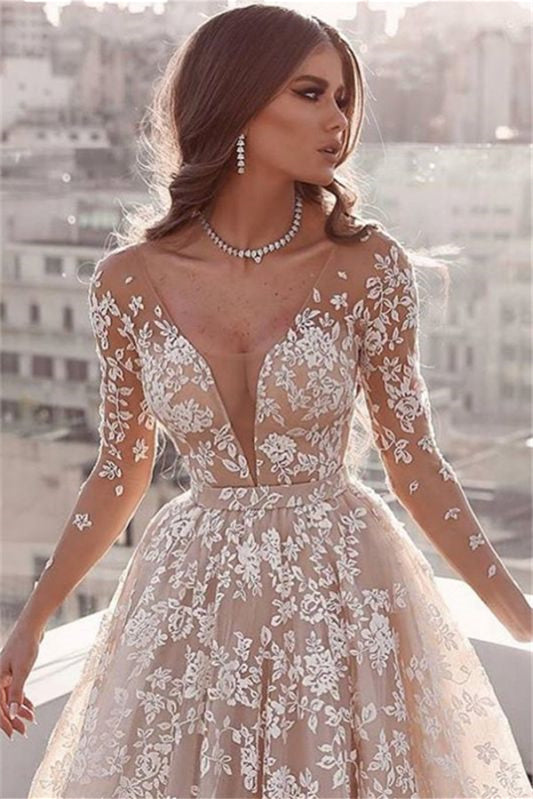 Lace-Appliqued Tulle Wedding Dress with Long Sleeves in A-Line Silhouette