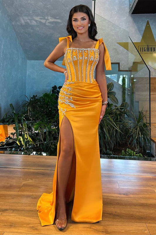 Gorgeous Straps Beadings Slit Mermaid Evening Dress with Rhinestone