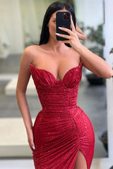 Modern Burgundy Sweetheart Sequins Prom Dress Mermaid Long With Slit