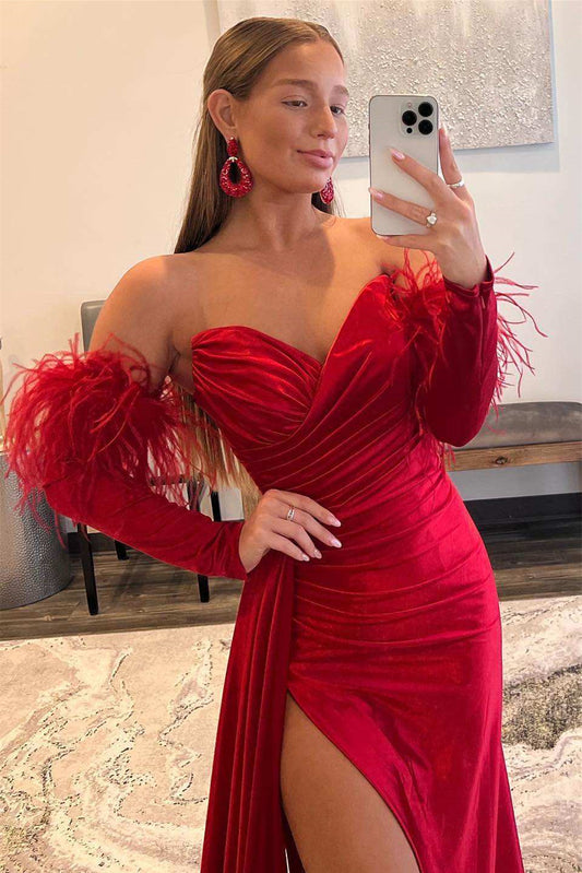 Red Sweetheart Prom Dress Mermaid SPlit WIth Detachable Sleeves Feather
