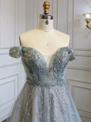 Dusty Blue Sequin Prom Dress Long A Line V Neck Sleeveless Backless