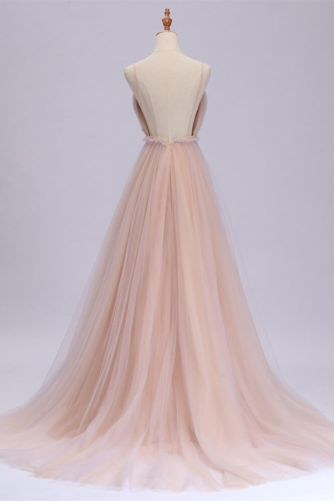 Gorgeous Blushing Spaghetti-Straps Prom Dresses Tulle Backless With Appliques