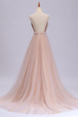 Gorgeous Blushing Spaghetti-Straps Prom Dresses Tulle Backless With Appliques
