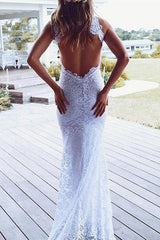 Summer Beach Wedding Dress with High Neck and Lace