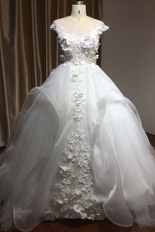 Elegant Cap Sleeve Wedding Gown with Floral Appliques and Jewel Accents