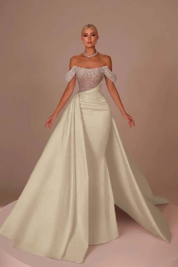 White Off-the-Shoulder Sequins Long Prom Dress Sleeveless with Beads