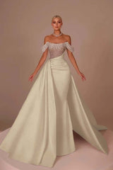 White Off-the-Shoulder Sequins Long Prom Dress Sleeveless with Beads