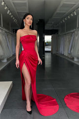 Stunning Red Strapless Mermaid Prom Dress Long With Slit