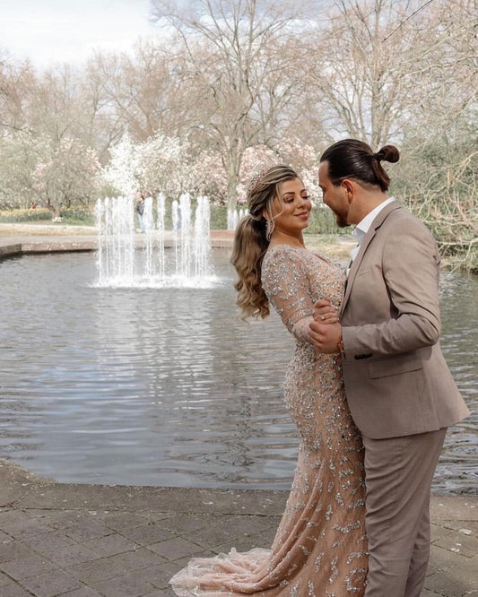 Elegant V-neck Mermaid Wedding Gown with Long Sleeves and Slit