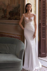 Elegant White Satin Spaghetti Strap Mermaid Wedding Gown with Detachable Train and Applique