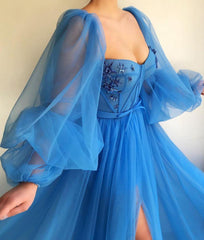 Elegant Long Sleeves Tulle Prom Dress Slit Evening Party Gowns