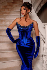Chic Royal Blue Strapless Mermaid Prom Dress Velvet With Beads