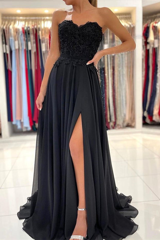 Modern Black Sweetheart Chiffon Prom Dress Appliques With Split