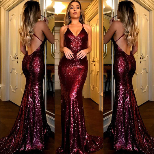 Sequins Backless Burgundy Evening Dress