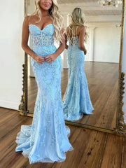 Baby Blue Mermaid Tulle Prom Dress V Neck Backless With Lace Printing
