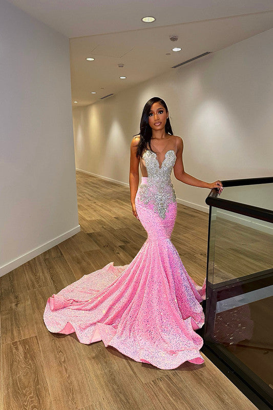 Classic Pink Sequins V-Neck Prom Dress Sleeveless With Crystals