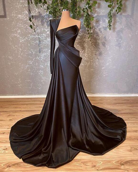 Amazing Black One Shoulder Long Sleeve Prom Dress Mermaid Long