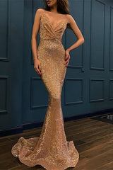 Glamorous Spaghetti-Straps Sequins V-Neck Prom Dress Mermaid Evening Gowns
