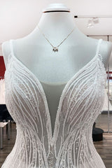 Elegant A-line Wedding Dress with V-neck, Sequins, Tulle Ruffles, and Backless Design