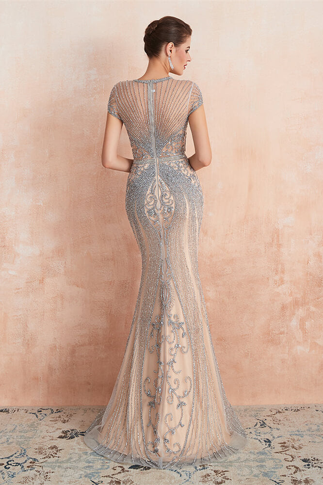 New Arrival Short Sleeves Mermaid Prom Dress Beadings Keyhole