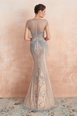 New Arrival Short Sleeves Mermaid Prom Dress Beadings Keyhole