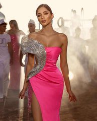 Amazing Off-the-Shoulder Fuchsia Prom Dress Mermaid High Slit With Sequins Tassels