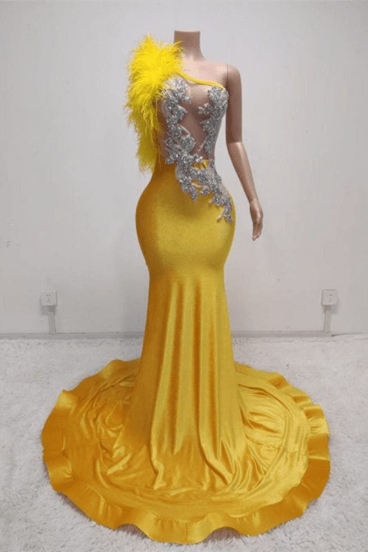 Stunning Yellow One Shoulder Mermaid Prom Dress Beadings With Feather