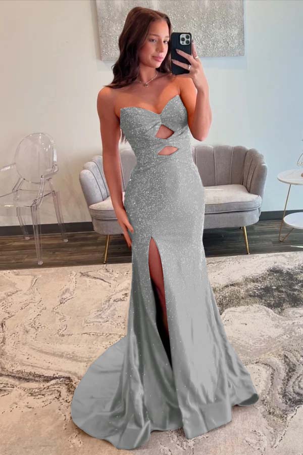 Fuchsia Sleeveless Strapless V-Neck Beaded Split Prom Dress