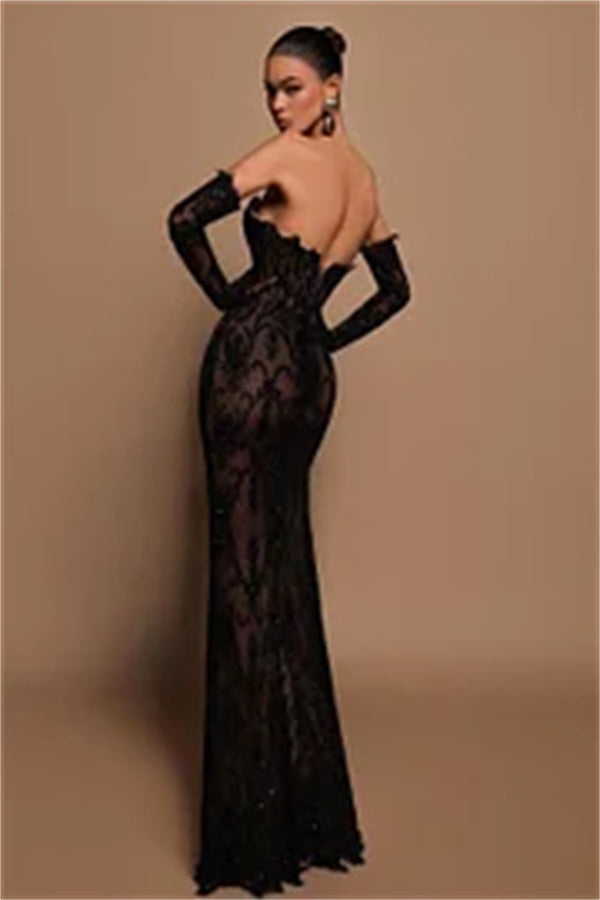 Gorgeous Black Long Sleeve Strapless Sliming Mermaid Evening Dress