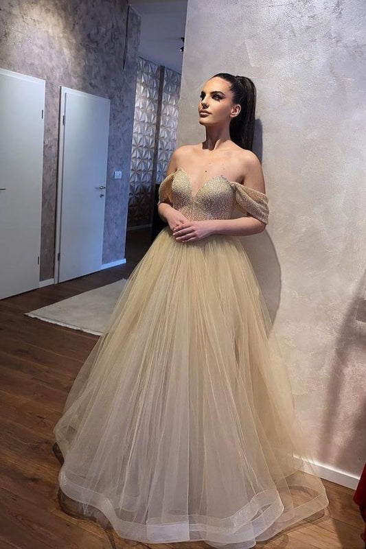 Elegant Sweetheart A-Line Wedding Dress with Off-the-shoulder Beading and Tulle Ruffles