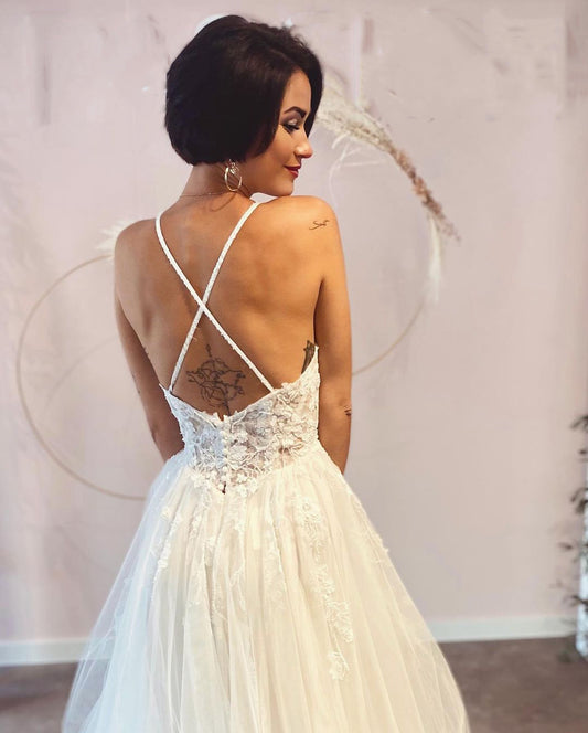 Long A-line Wedding Dress in Lace Tulle with Deep V-neck and Spaghetti-Straps Backless Design