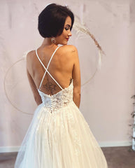 Long A-line Wedding Dress in Lace Tulle with Deep V-neck and Spaghetti-Straps Backless Design