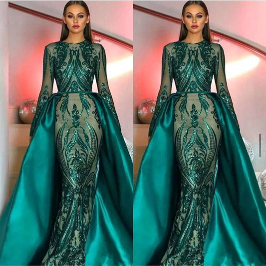 Amazing Emerald Green Long Sleeves Overskirt Prom Dress Mermaid Sequins Party Gown
