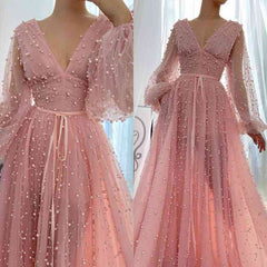 Gorgeous Pink Long Sleeves Prom Dress V-Neck Tulle With Pears