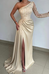 Modern One Shoulder Long Sleeve Prom Dresseses Long With Lace Slit