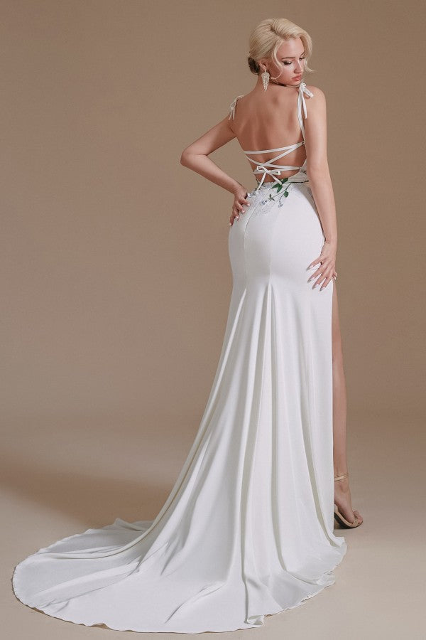 Elegant Satin Mermaid Wedding Gown with Spaghetti Straps, Open Back, and Slit