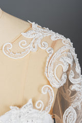 Elegant Long Sleeve Ruffled Ball Gown Wedding Dress Featuring Lace Appliques