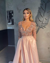 Gorgeous Long Sleeves V-Neck Prom Dress Sequins Party Gowns With Slit