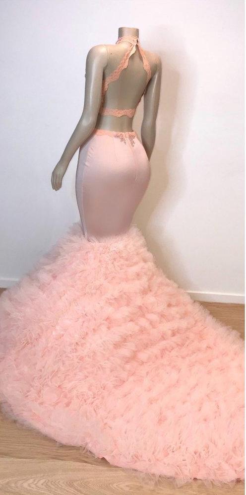 Pink High Neck Mermaid Prom Dress Lace Appliques Tulle Evening Gowns