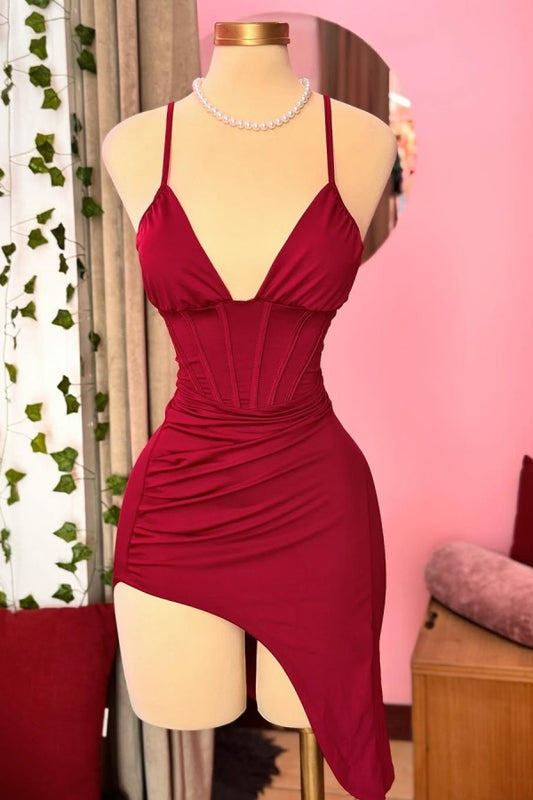 Red V-Neck Spaghetti-Straps Short Prom Dress Sleeveless